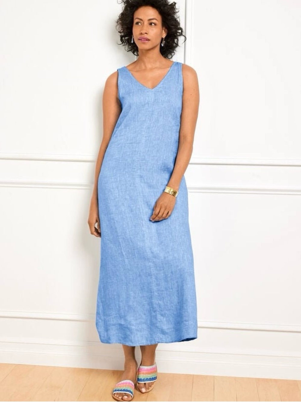 Talbots Cross Dye Linen Maxi Dress Women’s Size 6 Sleeveless V-Neck A-Lune Blue